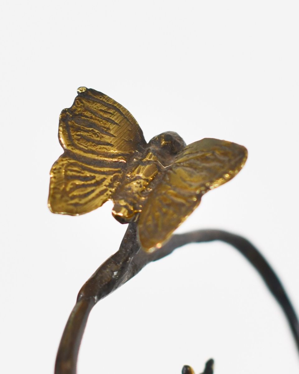 "Verdigris Voyager" Frog Ornament in Cast Brass close up of butterfly