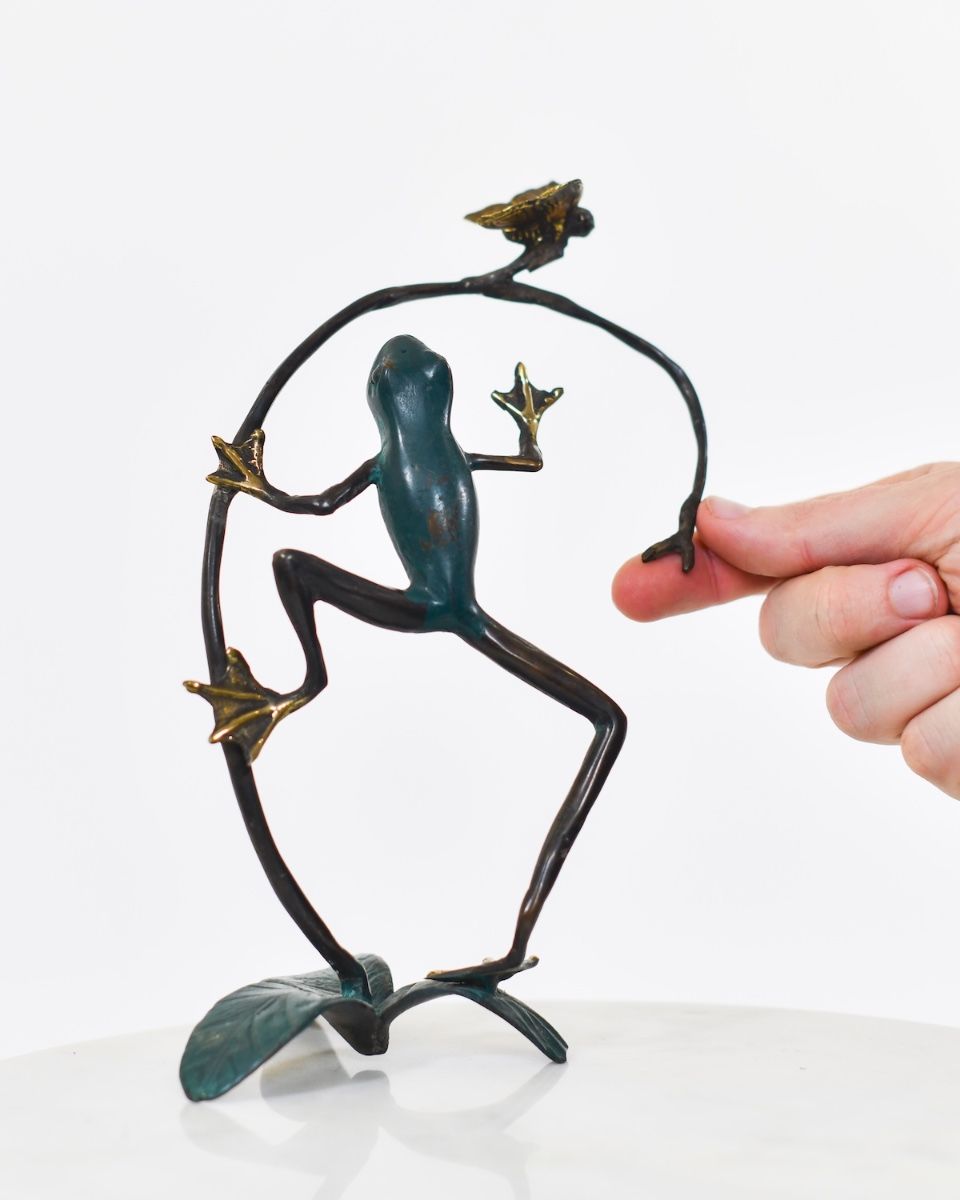 "Verdigris Voyager" Frog Ornament in Cast Brass with hand in shot for scale