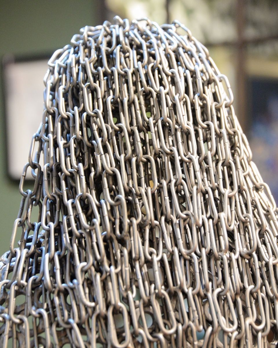 "Verity" Female Torso Sculpture Reclaimed Metal -74cm close up of chain hair