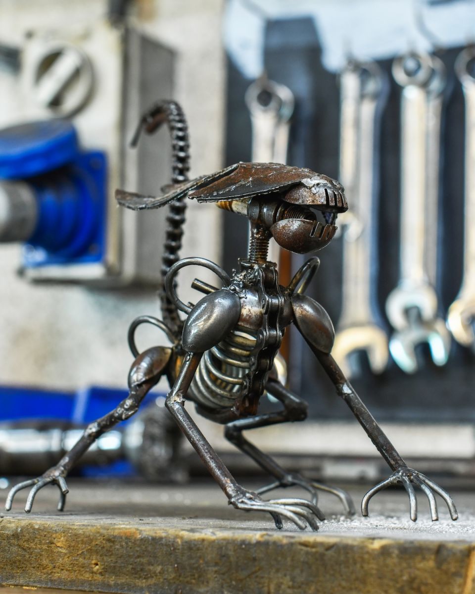 Main picture of the natural "Vortex" the Recycled Metal Alien Sculpture Main picture of the natural "Vortex" the Recycled Metal Alien Sculpture