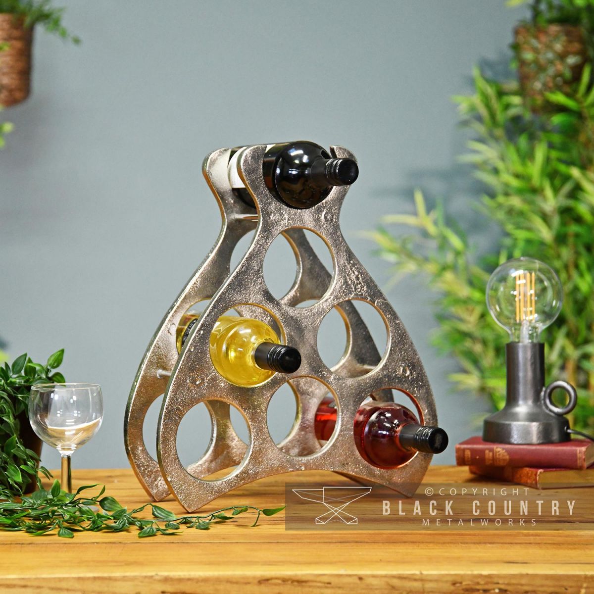 Antique Nickel 7 Bottle Wine Rack in Situ