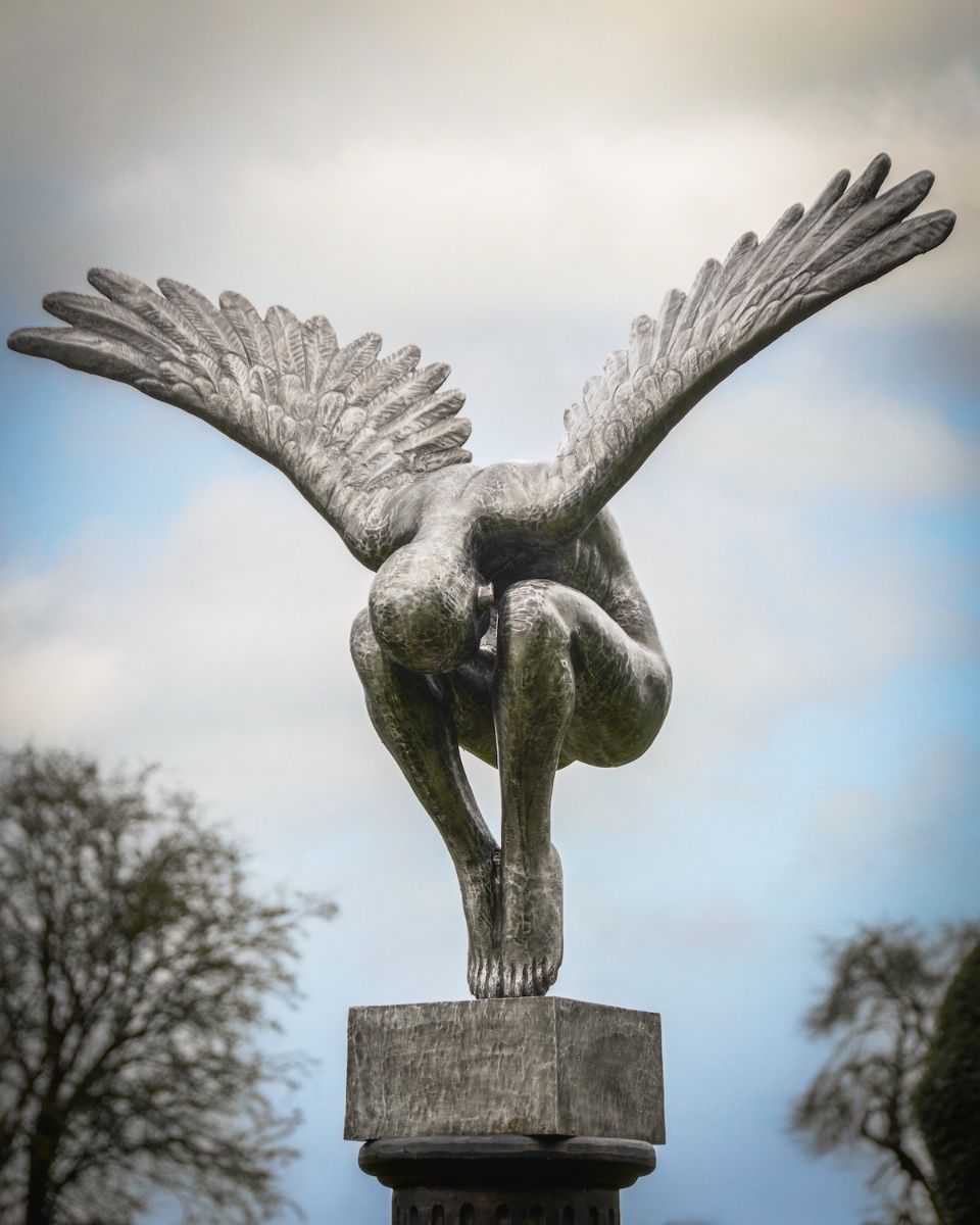 "Winged Solace" Cast Aluminium Angel Garden Sculpture right facing view