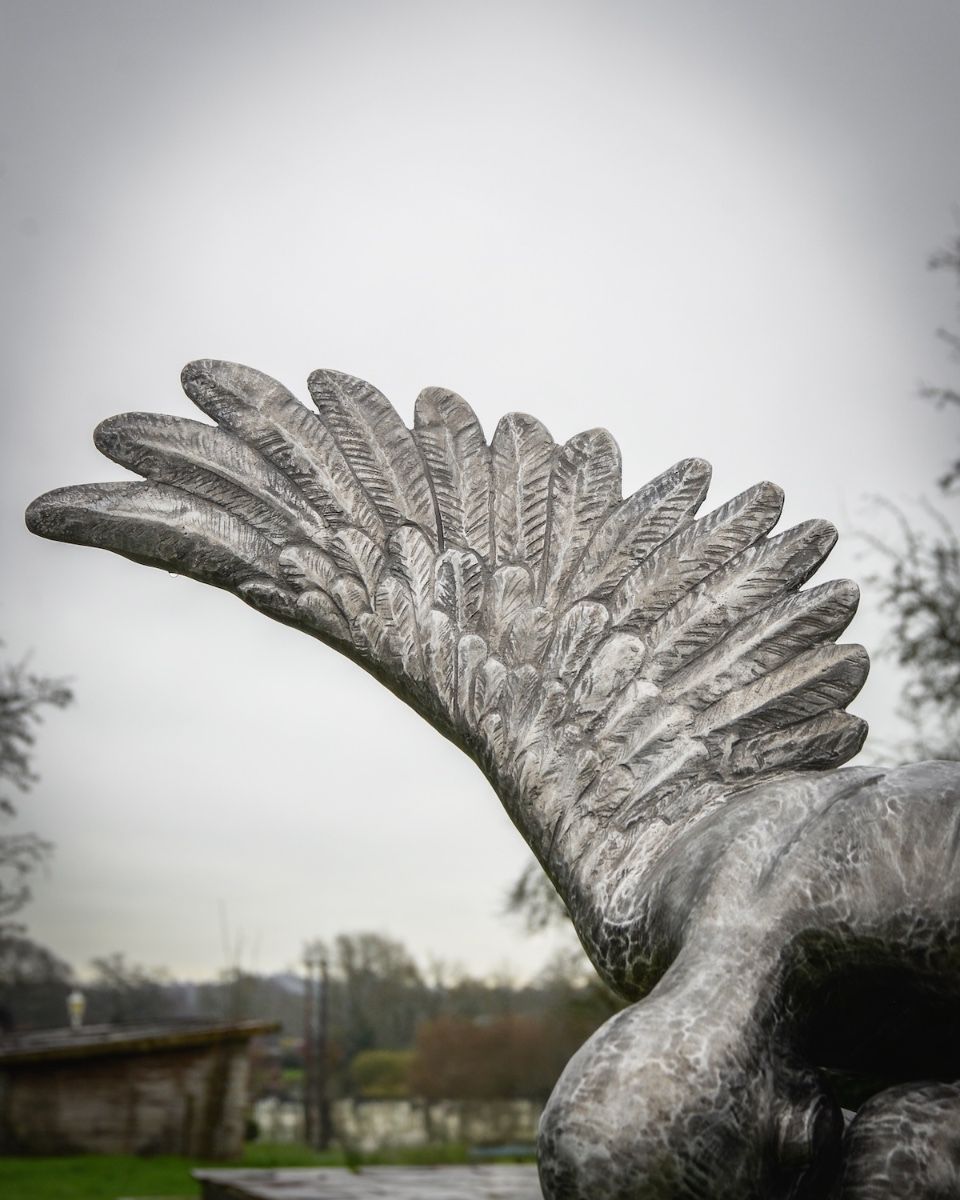 "Winged Solace" Cast Aluminium Angel Garden Sculpture close up of wing