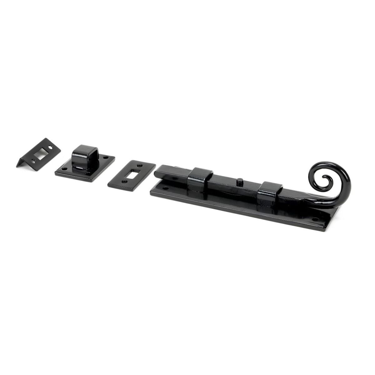 A 6 Inch Monkey Tail Window Security Bolt & Door Straight Bolt on a White Background in a Black Finish