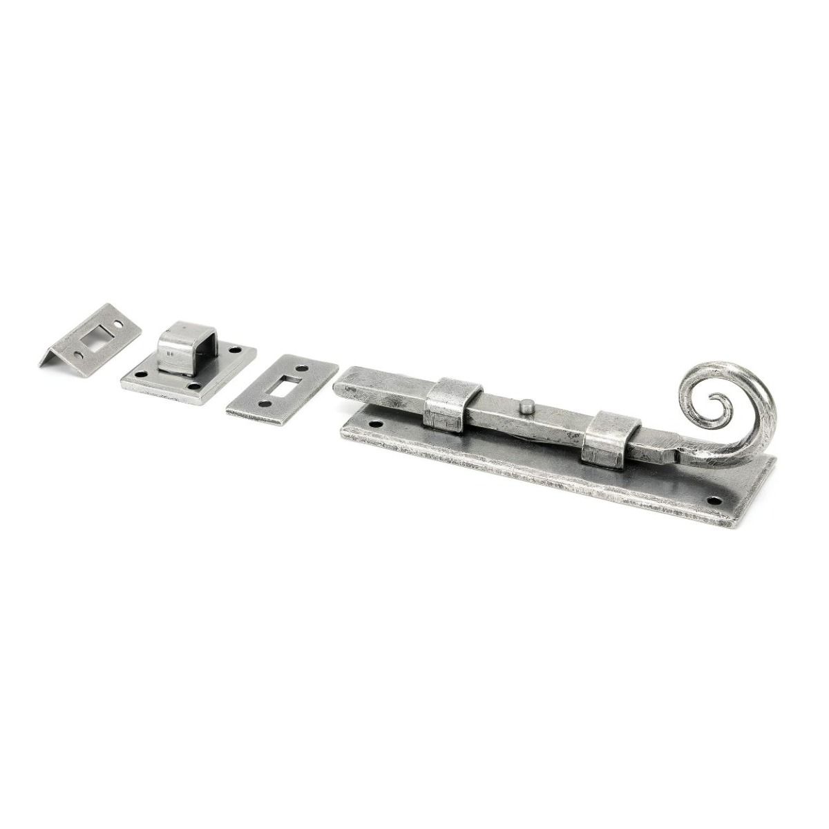 A 6 Inch Monkey Tail Window Security Bolt & Door Straight Bolt on a White Background in a Pewter Finish