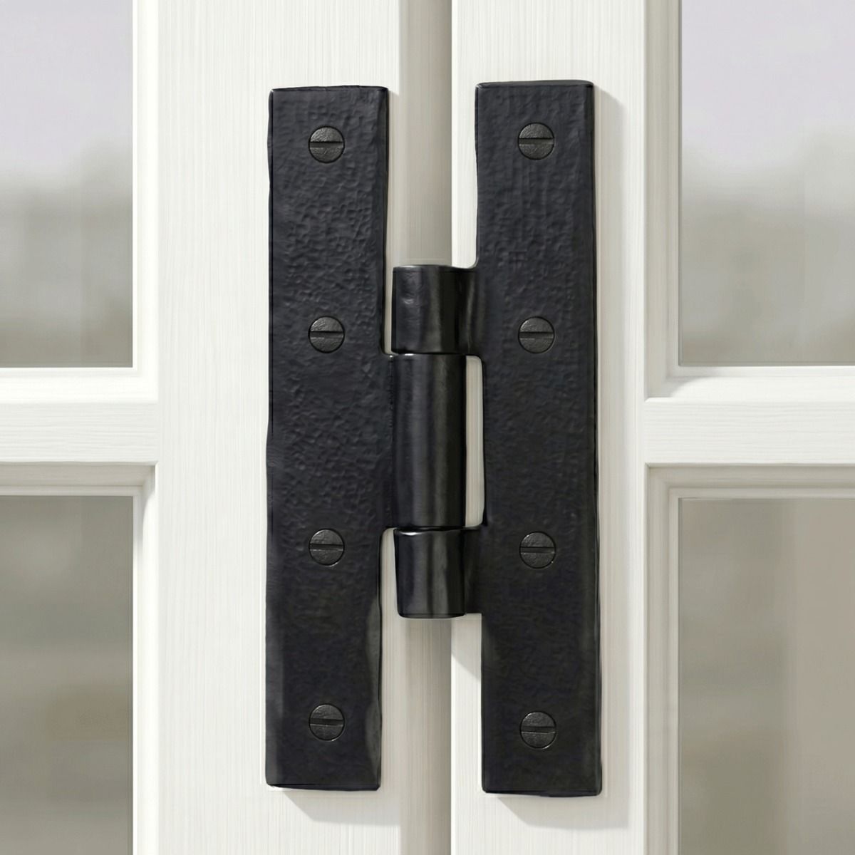 A 7" Traditional Beeswax H Hinge Mounted on a White Folding Window Frame - Digital Illustration