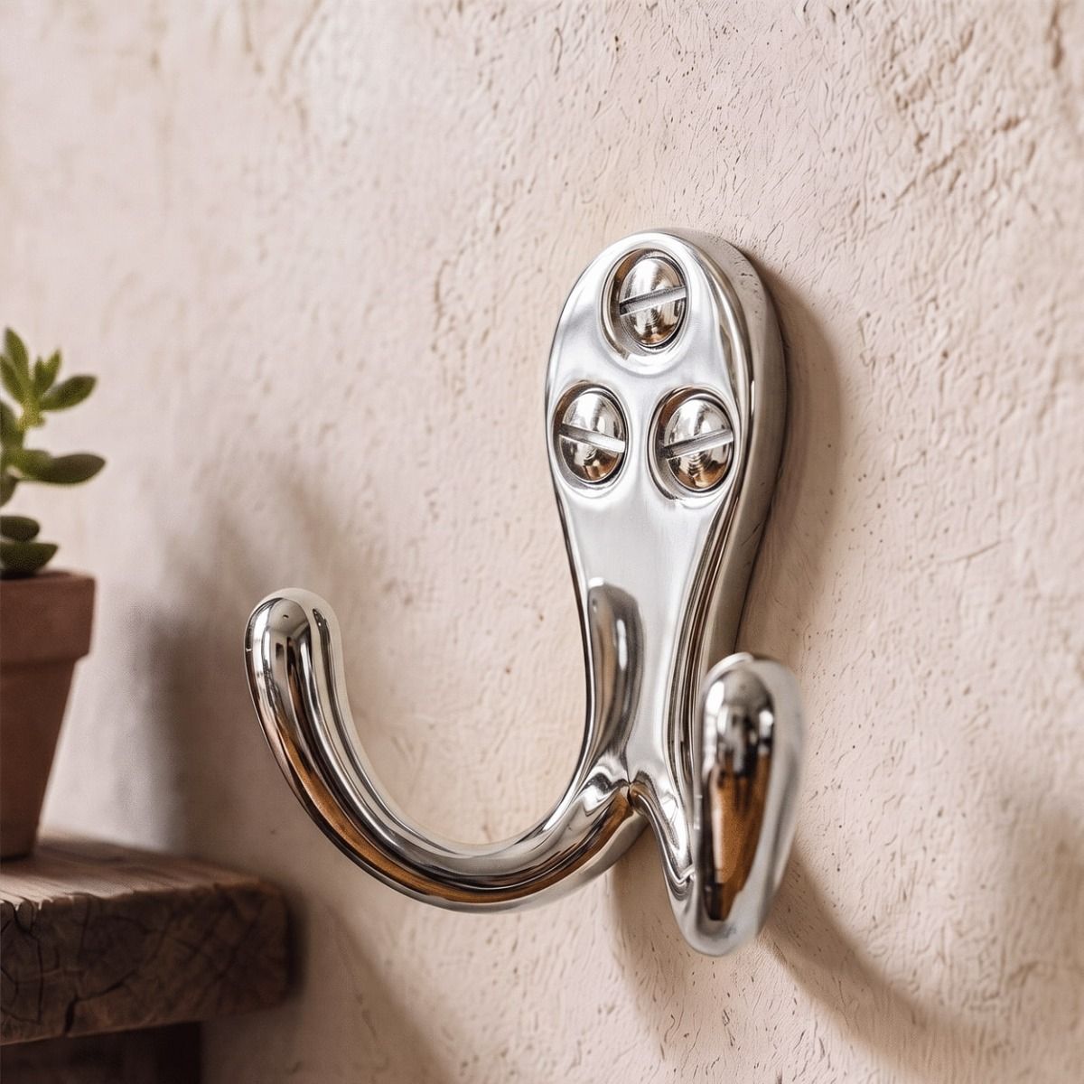 A Bright Chrome Double Pronged Coat Hook Mounted on a Textured Wall in a Traditional Home - Digital Illustration 