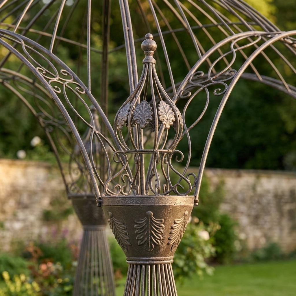 A Close up of a Corner Finial on the Victorian Domed Metal Garden Gazebo with Decorative Pillar Columns - Digital Illustration 