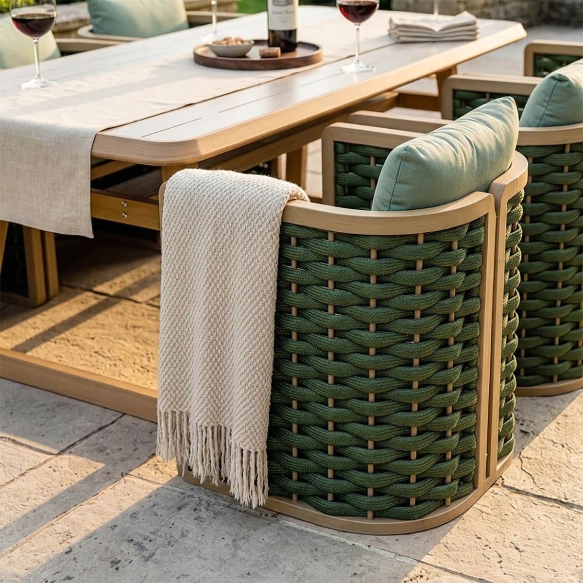 A Close up of one of the Chairs from "The Imelda" Six Seater Garden Lounge And BBQ Furniture Set with a Blanket Draped over it - Digital Illustration 