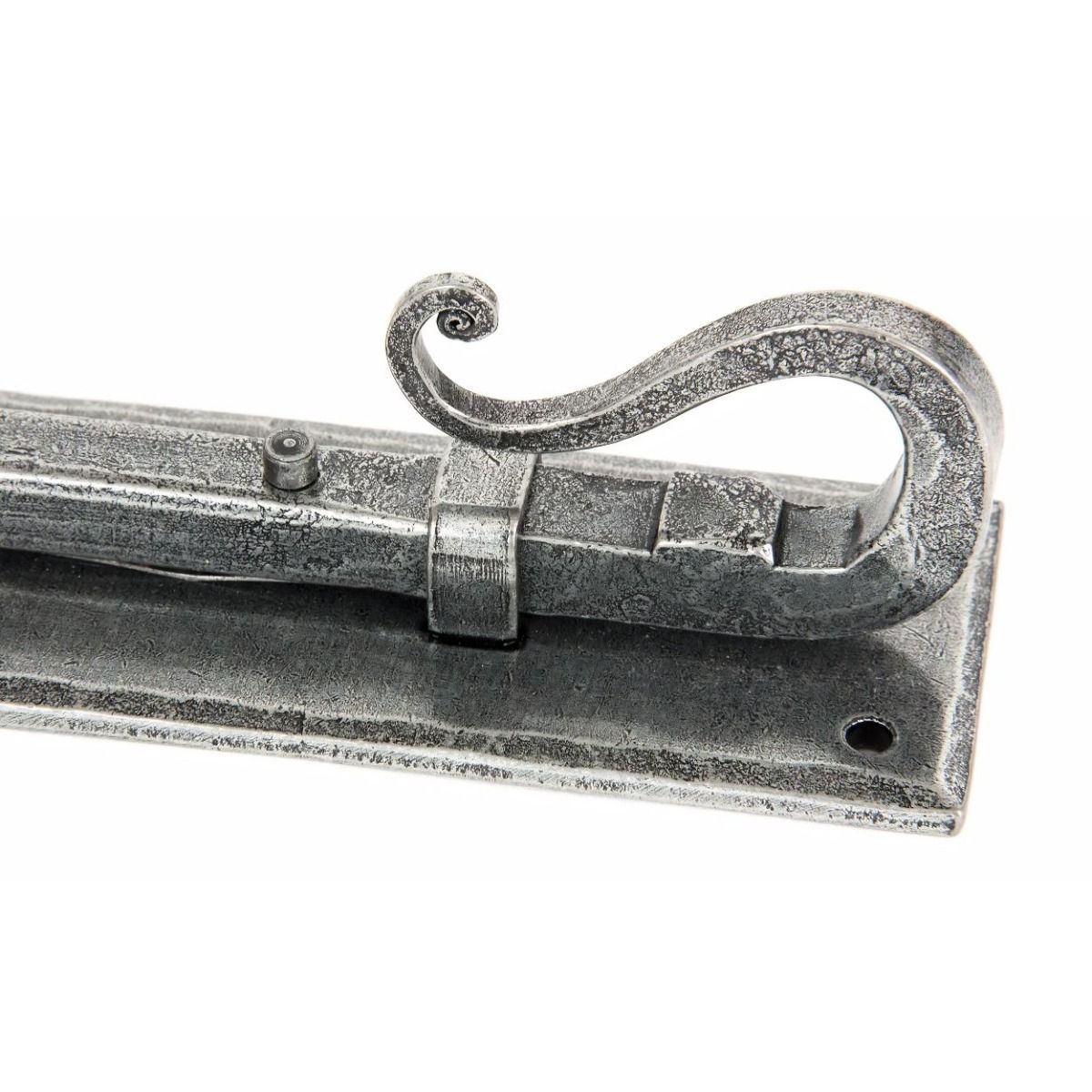 A close up of the Handle of The Shepherds Crook Security Bolt for Windows & Doors 4" in a Pewter Finish on a White Background