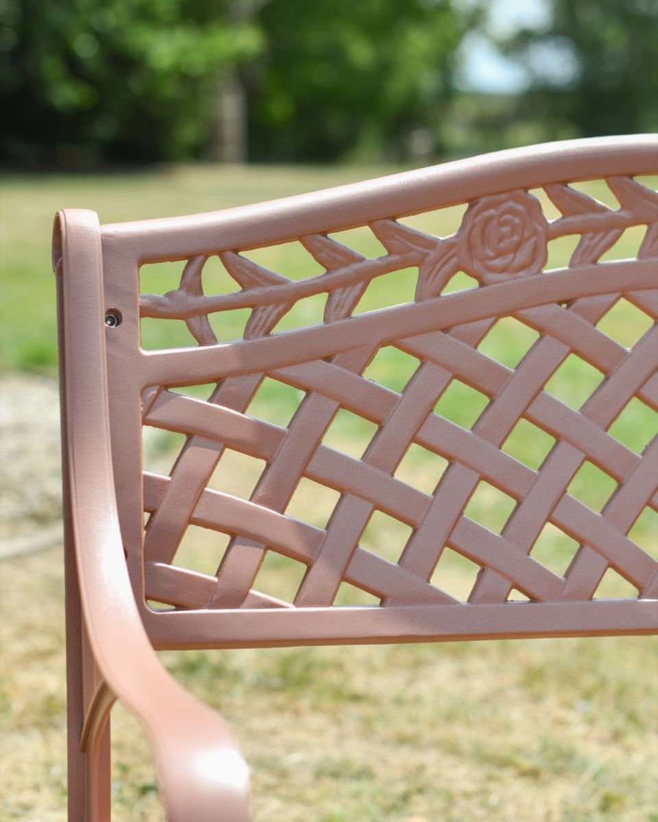 A Close up View of Arm Rest on the Antique Pink "Thorpe" Two Seater Garden Bench 