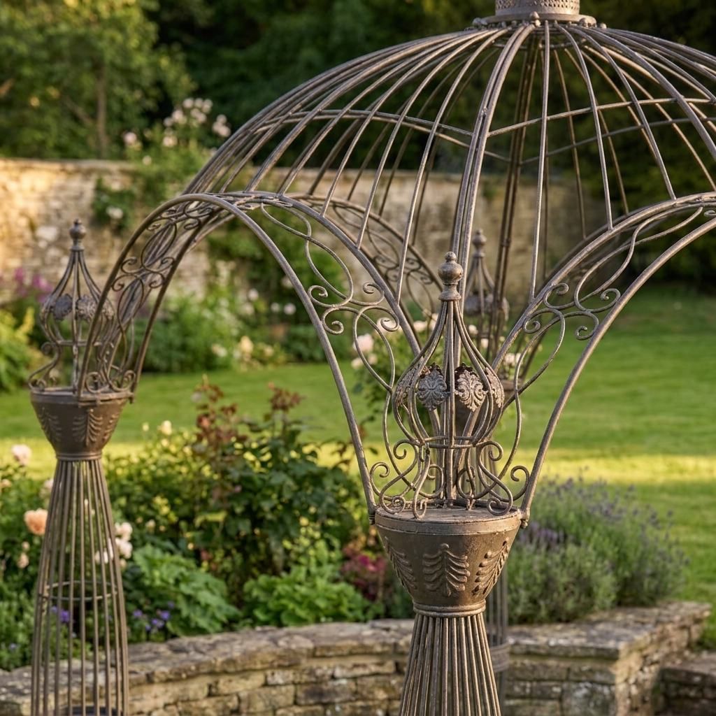 A close up View of the Archway Detailing on a Victorian Domed Metal Garden Gazebo with Decorative Pillar Columns - Digital Illustration 