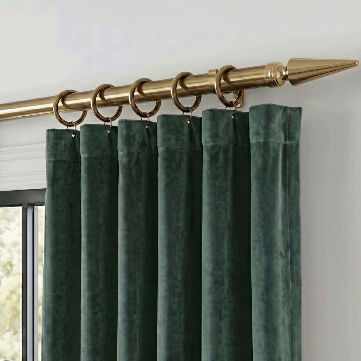 A Cone Curtain Finial Attached to a Matching Curtain Pole on a White Interior Wall Shown Close up - Digital Illustration.jpg A Cone Curtain Finial Attached to a Matching Curtain Pole on a White Interior Wall Shown Close up - Digital Illustration
