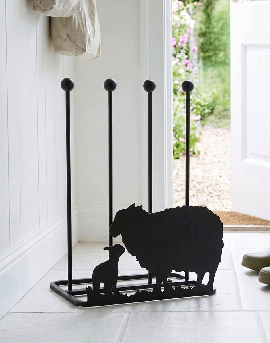 A Ewe & Lamb Welly Boot Rack Placed on a Cream Tiled Stone Floor in a Cottage Entranceway - Digital Illustration