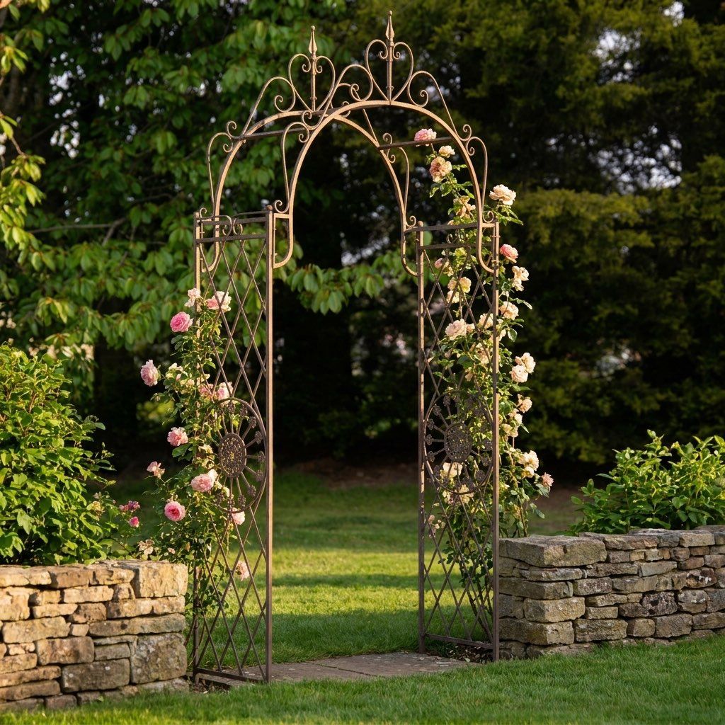 A Gothic Wrought Iron Rose and Climbing Plant Archway in a Decorative Low Walled Garden - Digital Illustration 