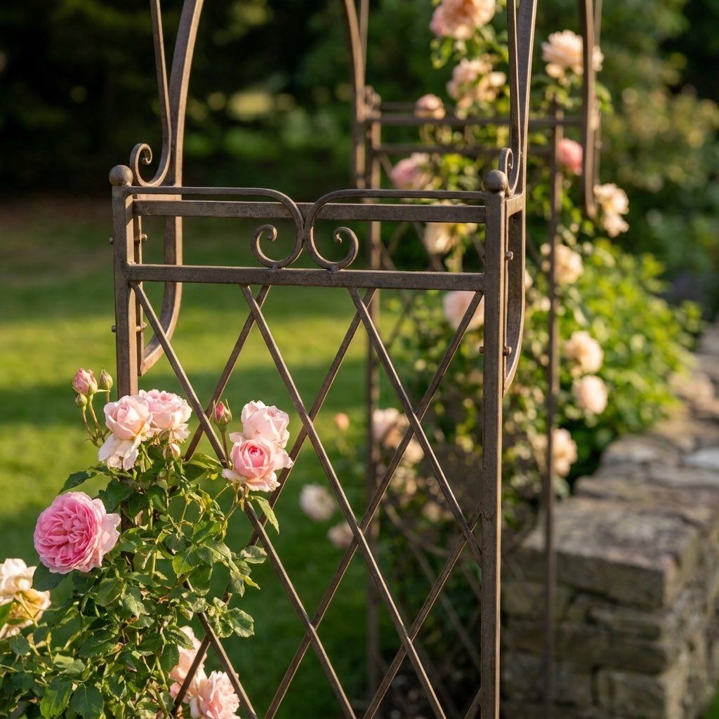 A Gothic Wrought Iron Rose and Climbing Plant Archway in a Decorative Low Walled Garden Showing the Lattice Work on the Sides - Digital Illustration 