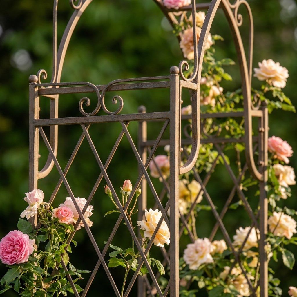 A Gothic Wrought Iron Rose and Climbing Plant Archway Supporting Rose plants - Digital Illustration