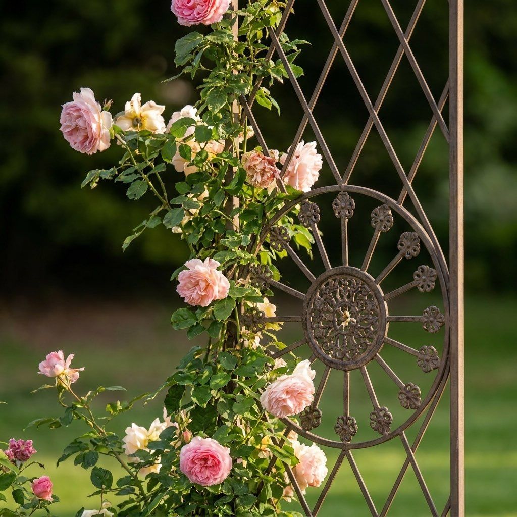 A Gothic Wrought Iron Rose and Climbing Plant Archway with a Close up View of the Circular Pattern on the Side- Digital Illustration