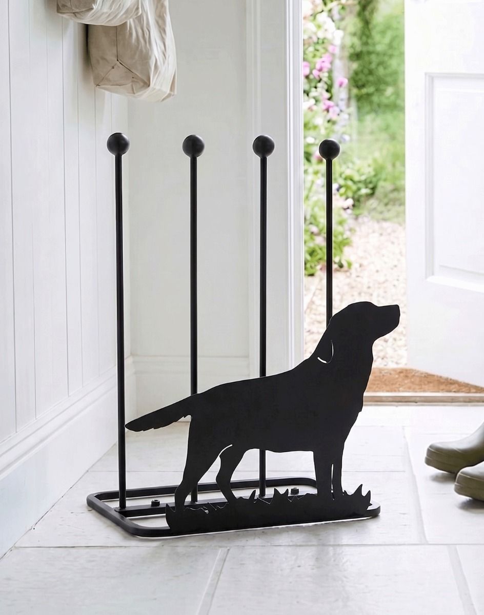 A Labrador Welly Boot Rack on a Cream Coloured Stone Tile Floor Porch Entranceway - Digital Illustration 