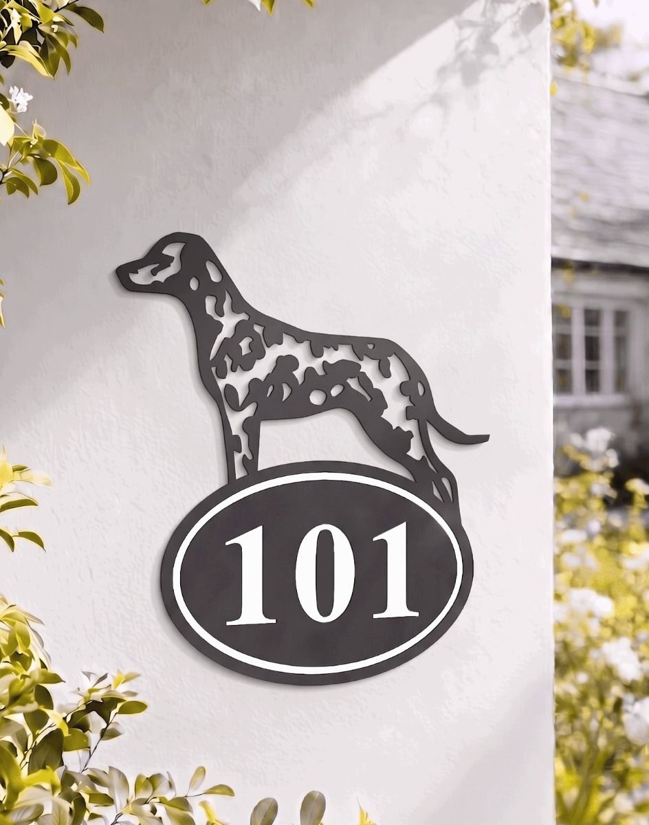 A Number 101 Dalmatian Iron House Number Sign Mounted on a White Coloured Property Wall - Digital Illustration 