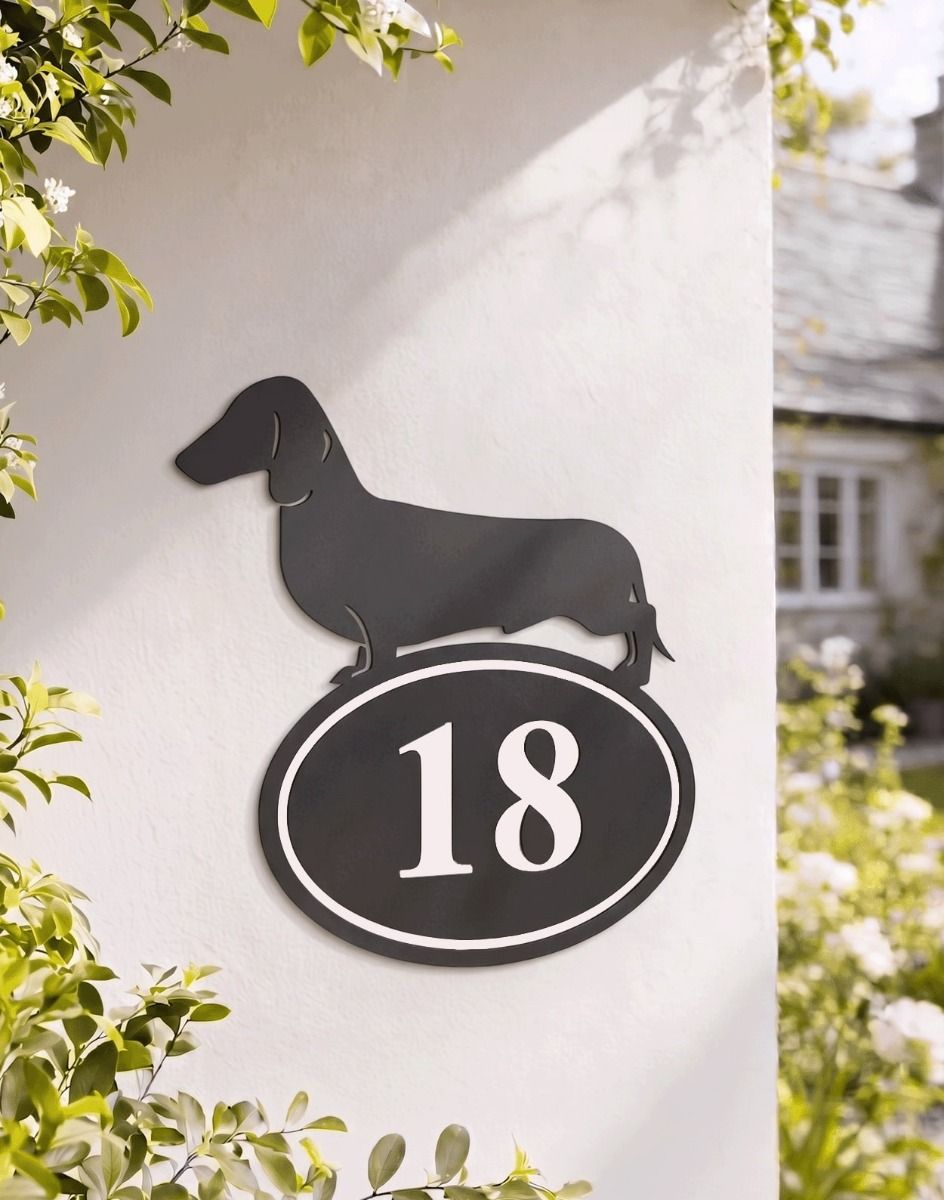 A Number 18 Dachshund Iron House Number Sign Mounted on a White Cottage Garden Wall - Digital Illustration 
