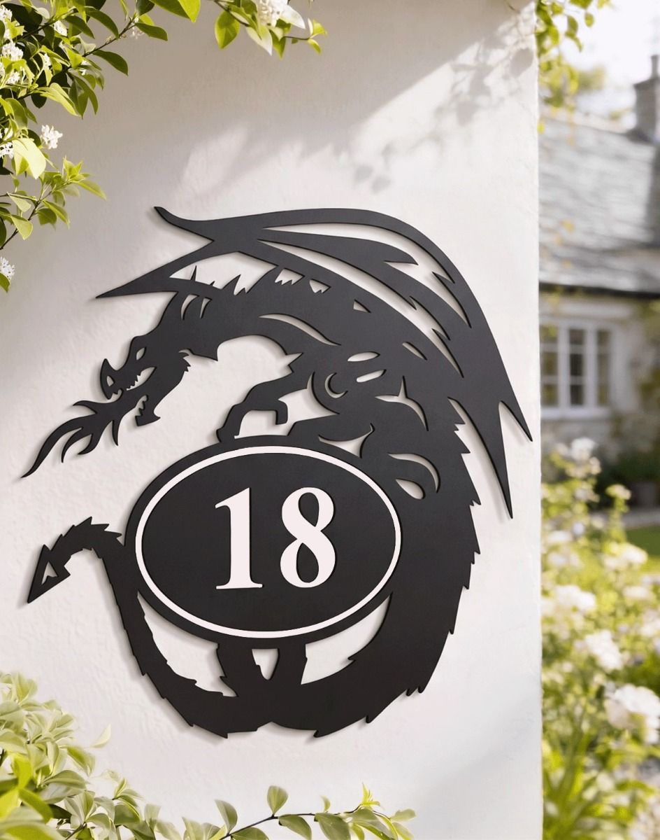 A Number 18 Tribal Dragon Iron House Number Sign Mounted on a White Walled Country House - Digital Illustration 