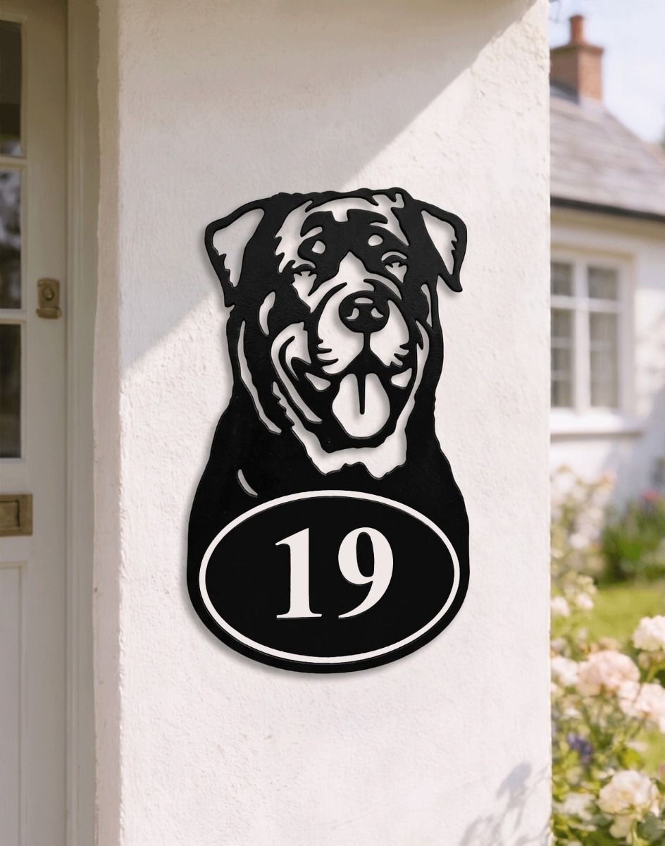 A Number 19 Rottweiler Face Iron House Number Sign Mounted on a White House Entrance Wall - Digital Illustration