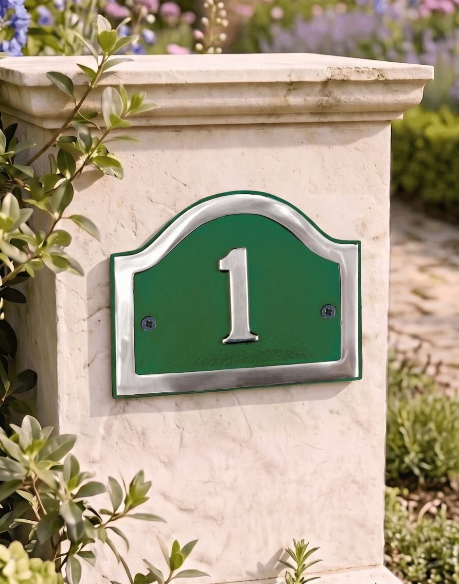 A Number 1 Arched House Number Sign in Green and Chrome Mounted on an Entrance Driveway Pillar - Digital Illustration 