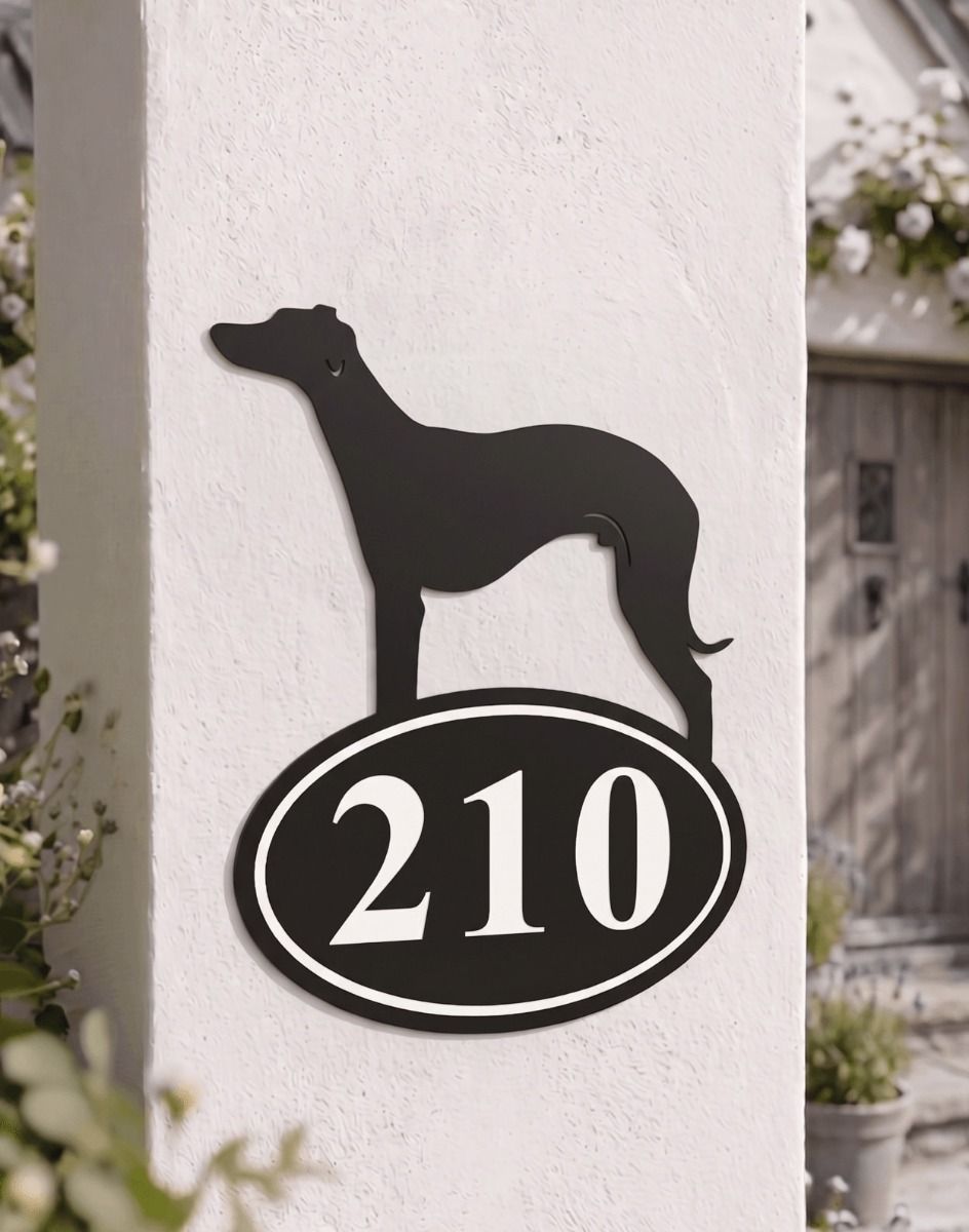 A Number 210 Whippet Iron House Number Sign Mounted on a White Pillar at a Cottage House Entrance - Digital Illustration 