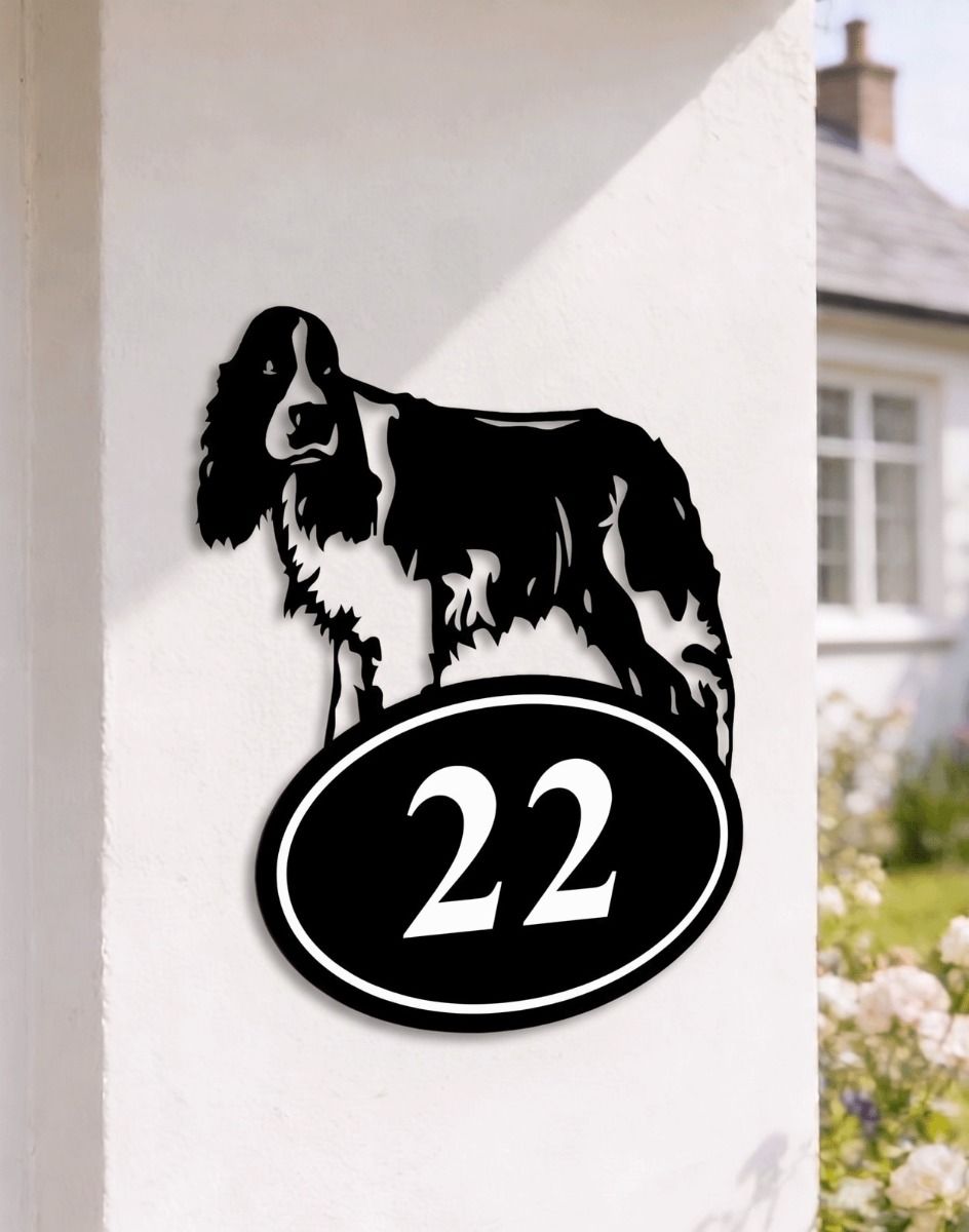 A Number 22 English Springer Spaniel Iron House Number Sign Mounted on a White Coloured Entrance Way Wall - Digital Illustration 