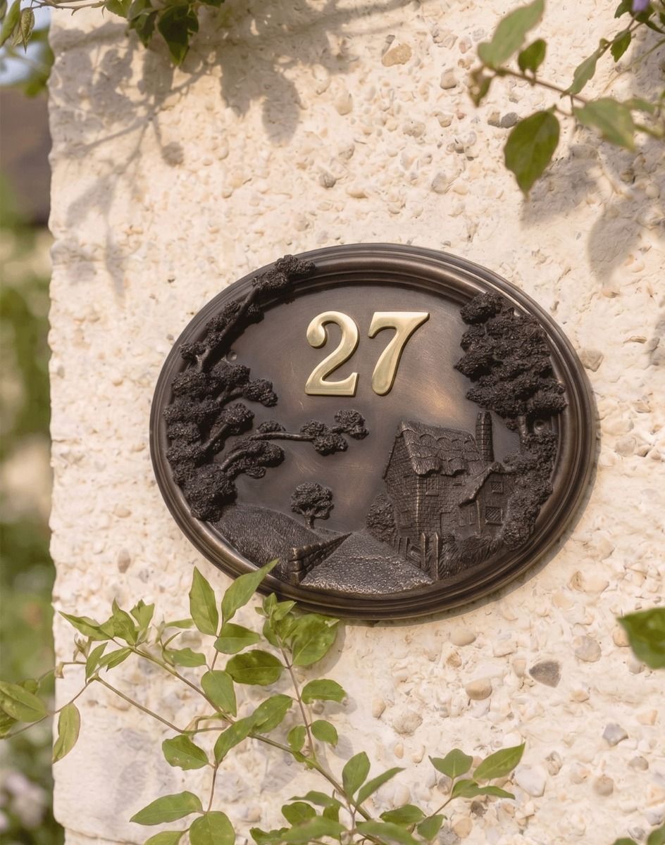 A Number 27 "Coppleston Cottage" Countryside House Number Sign Mounted on a Sunny Cream Coloured Cottage Wall - Digital Illustration 