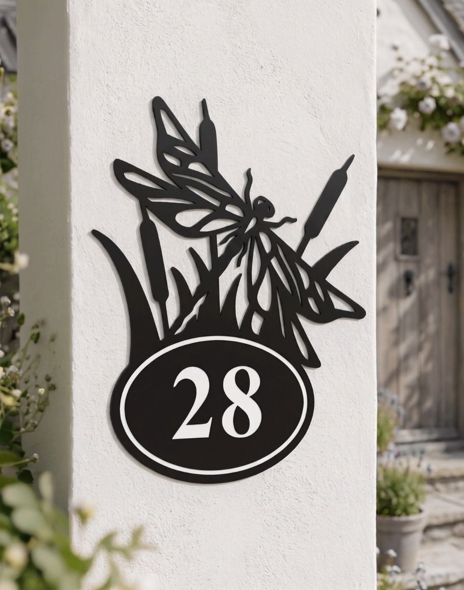 A Number 28 Dragonfly Iron House Number Sign Mounted on a White Cottage Garden Pillar - Digital Illustration 