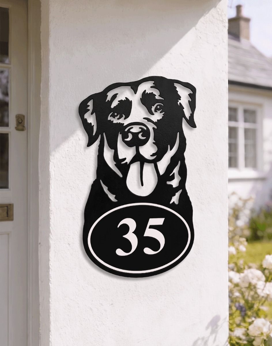 A Number 35 Labrador Face Iron House Number Sign Mounted on a White Wall Next to a Cottage Entrance - Digital Illustration 