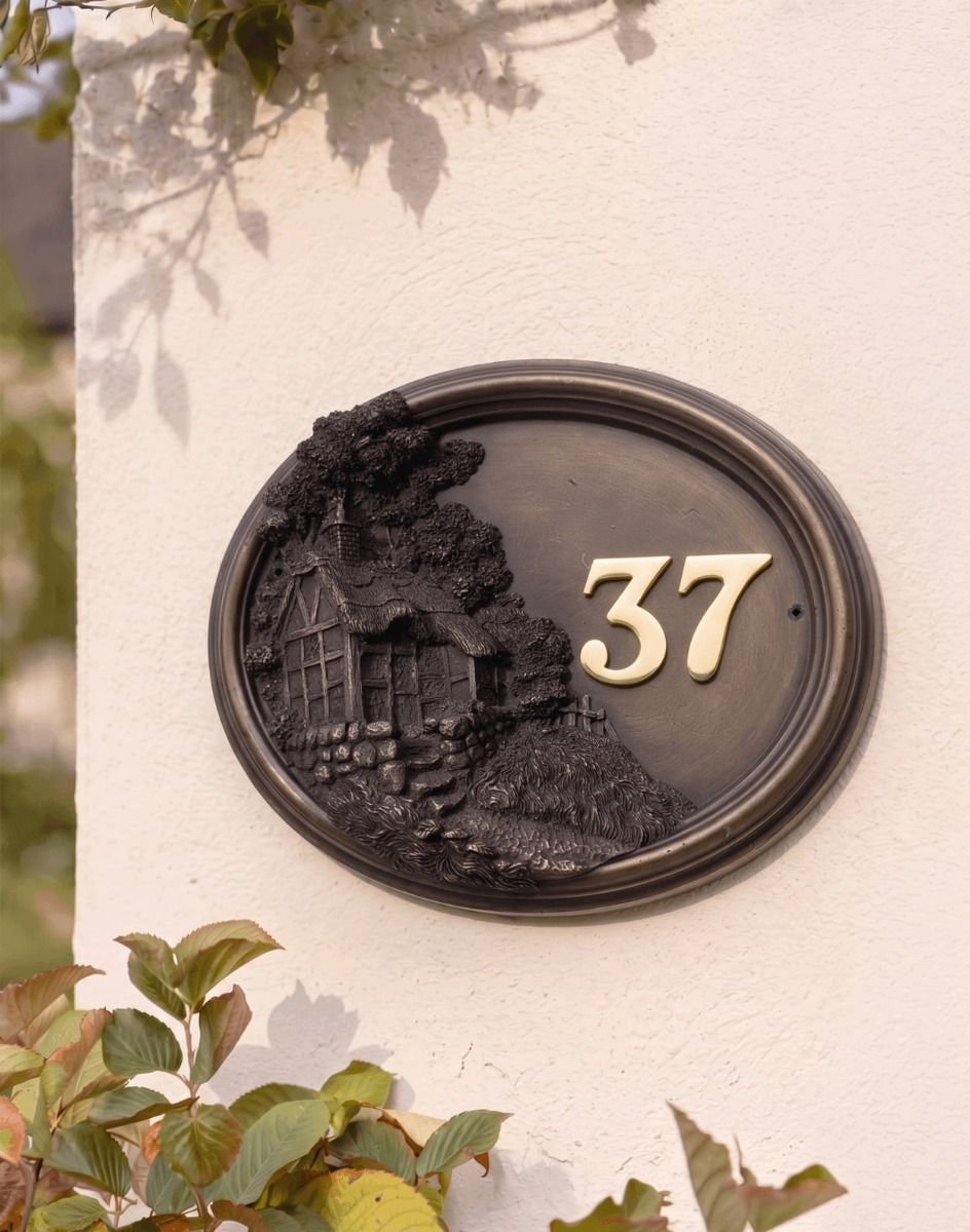 A Number 37 "Blakeney Croft" Thatched Cottage House Number Sign Mounted on a Cream Coloured Cottage Wall - Digital Illustration 