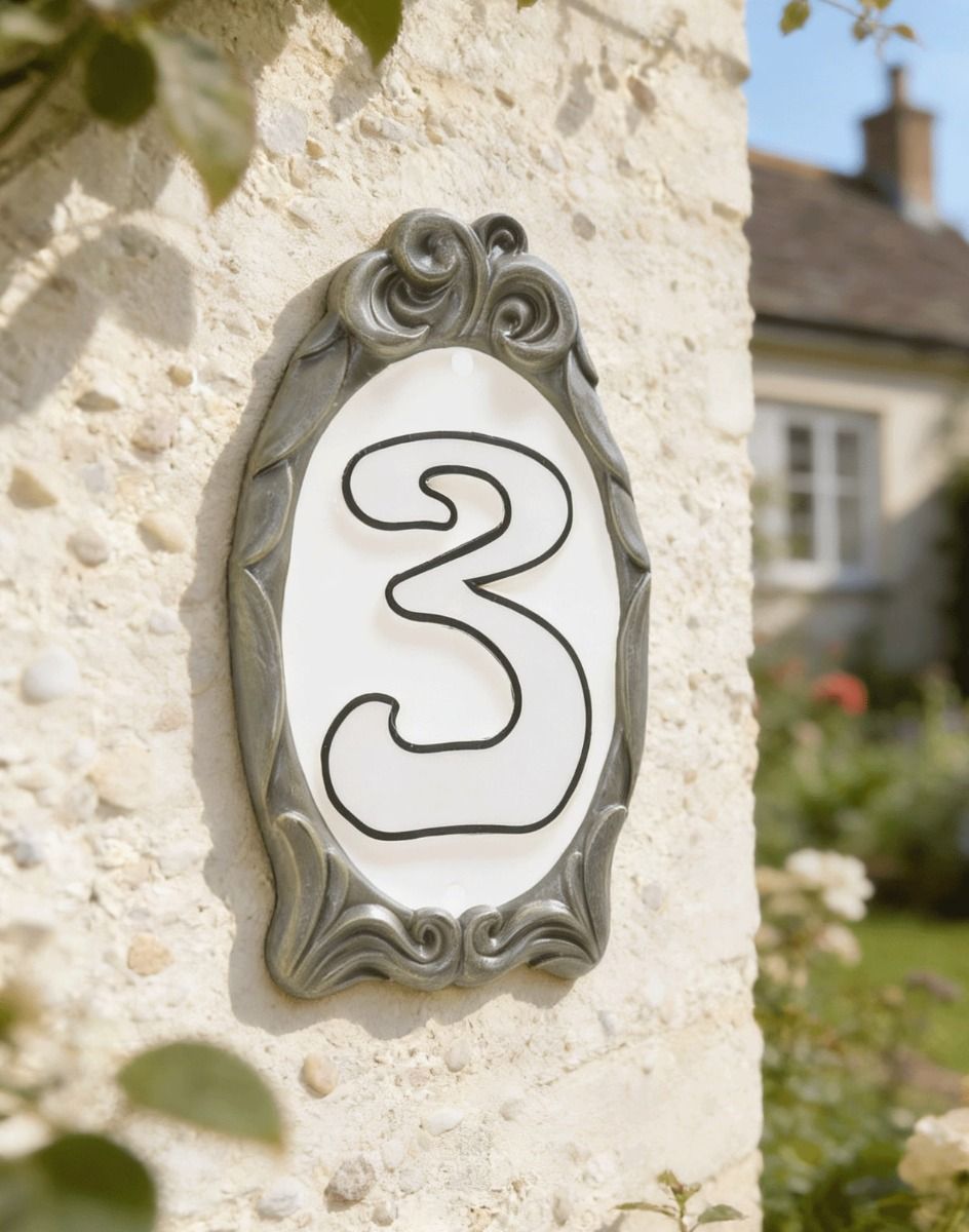 A Number 3 "Winter White" Reflective Cameo House Sign Mounted on a Sunny White Cottage Wall - Digital Illustration 