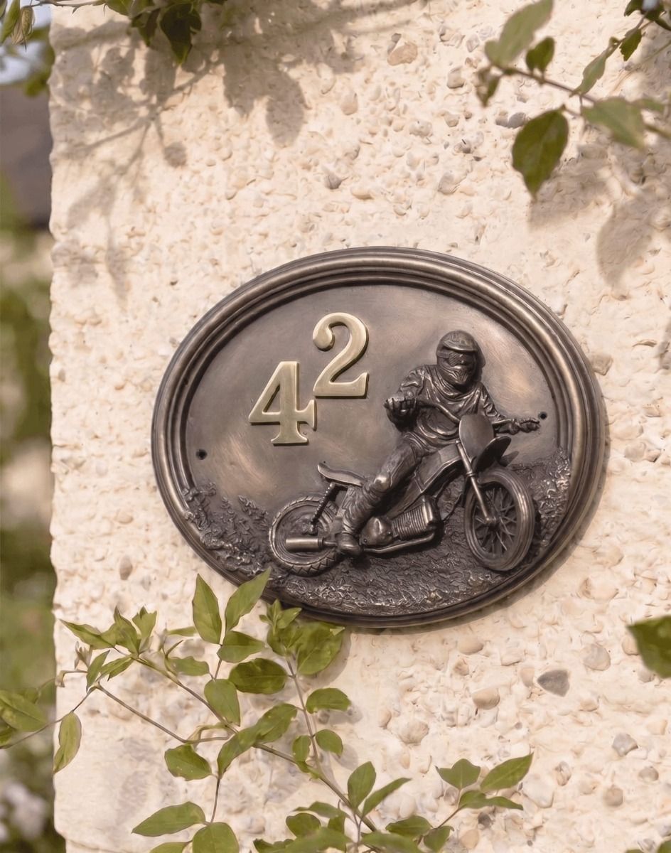A Number 42 "Speedway" Off Road Motocross House Sign Mounted on a Cream Coloured Cottage Garden Wall - Digital Illustration