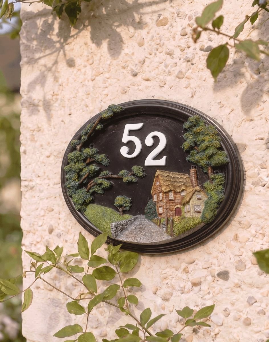 A Number 52 "Brushford Hill Cottage" Hand Painted Countryside House Sign Mounted on a Sunny Cream Coloured Cottage - Digital Illustration 