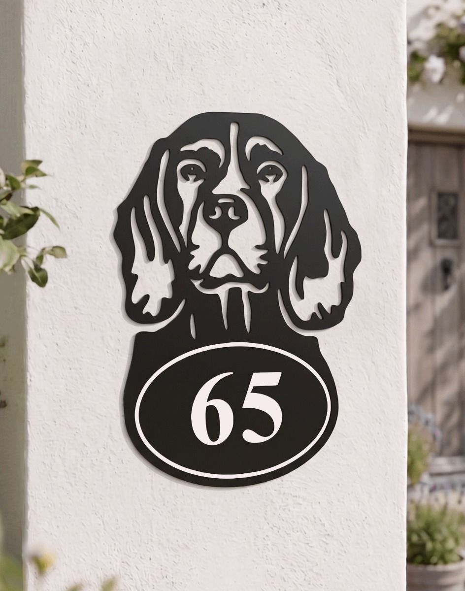 A Number 52 Beagle Dog Iron House Number Sign Mounted on a White Pillar in Front of a Country Cottage - Digital Illustration 