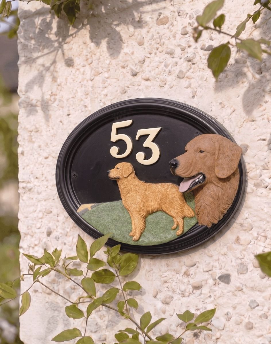 A Number 53 "Lincoln" Hand Painted Golden Retreiver House Number Sign Mounted on a Cream Coloured Cottage Wall - Digital Illustration
