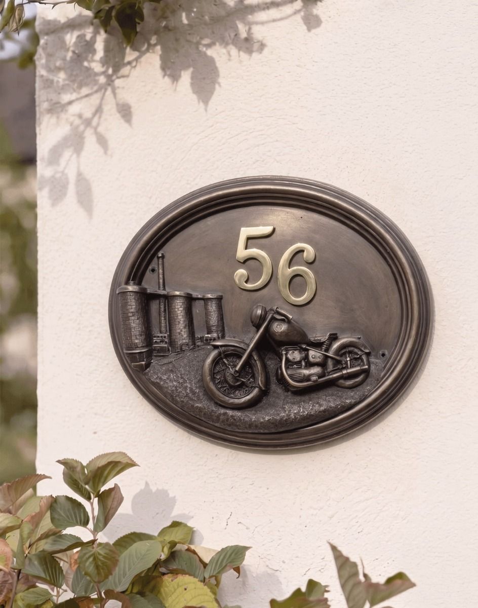 A Number 56 "Chopper" Classic Motorbike House Sign Mounted on a Sunny Cottage Wall - Digital Illustration 