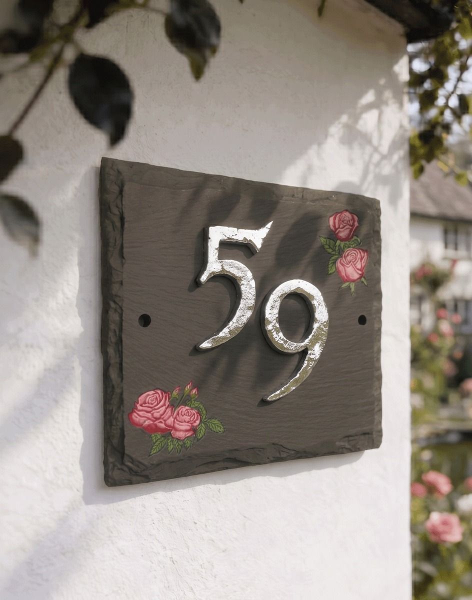 A Number 59 on a Red Roses Hand Painted Slate House Sign Mounted on a White Cottage Sign - Digital Illustration 