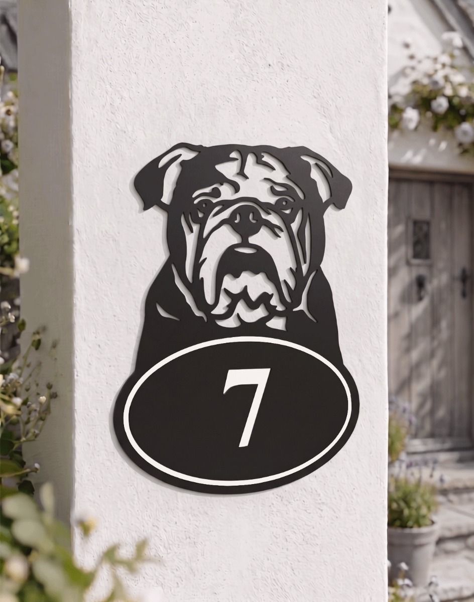 A Number 7 English Bulldog Iron House Number Sign Mounted on a White Pillar in Front of a Country Home - Digital Illustration