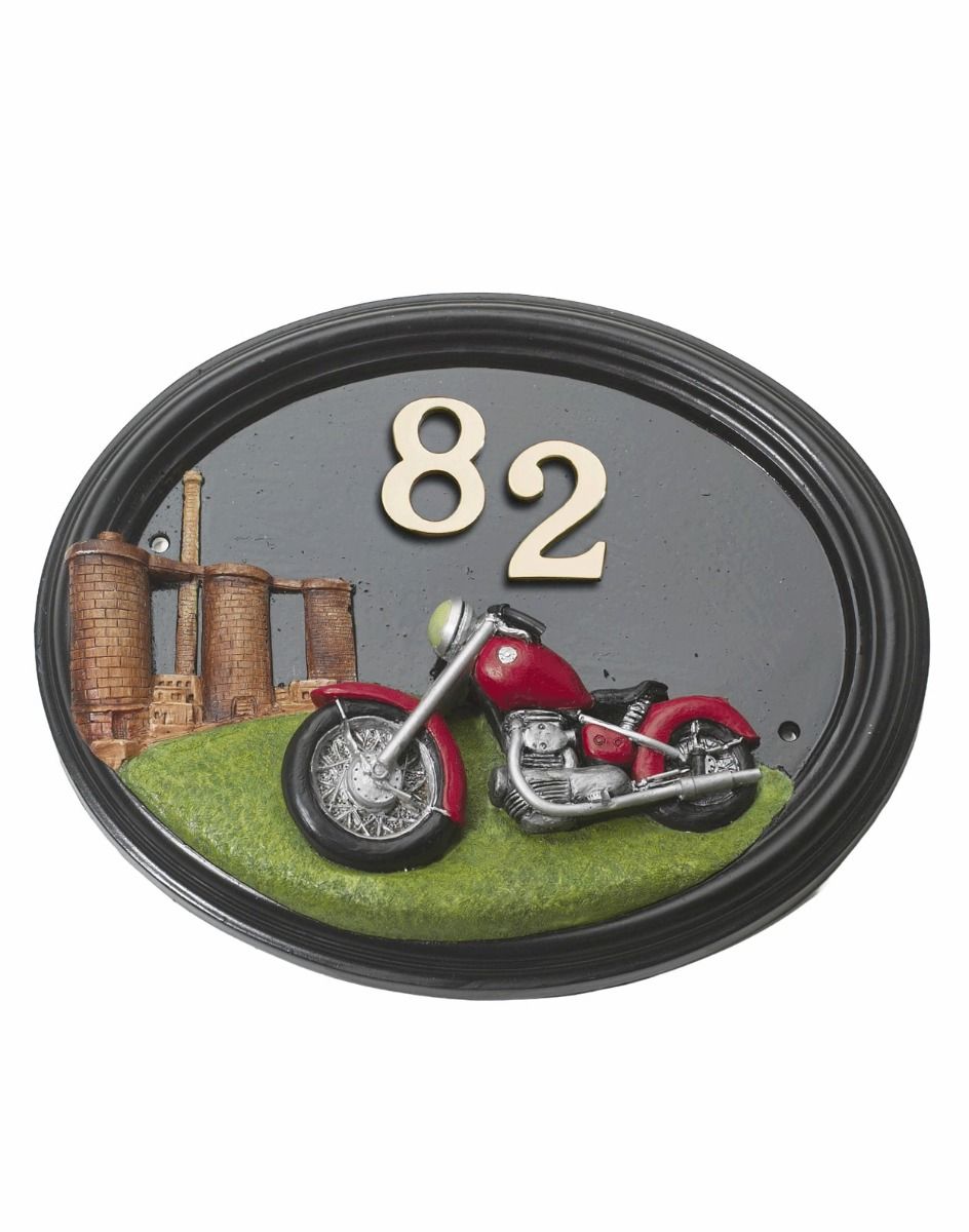 A Number 82 Hand Painted "Classic Cruiser" Motorbike House Sign Mounted on a Plain White Background - Digital Illustration