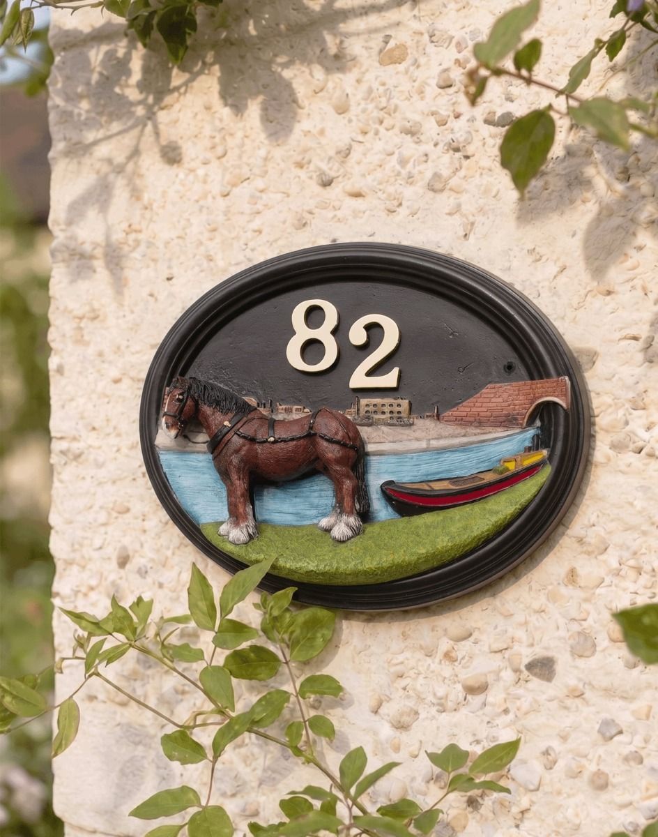 A Number 82 Hand Painted Canal Boat House Sign Mounted on a Sunny Cottage Garden Wall - Digital Illustration 