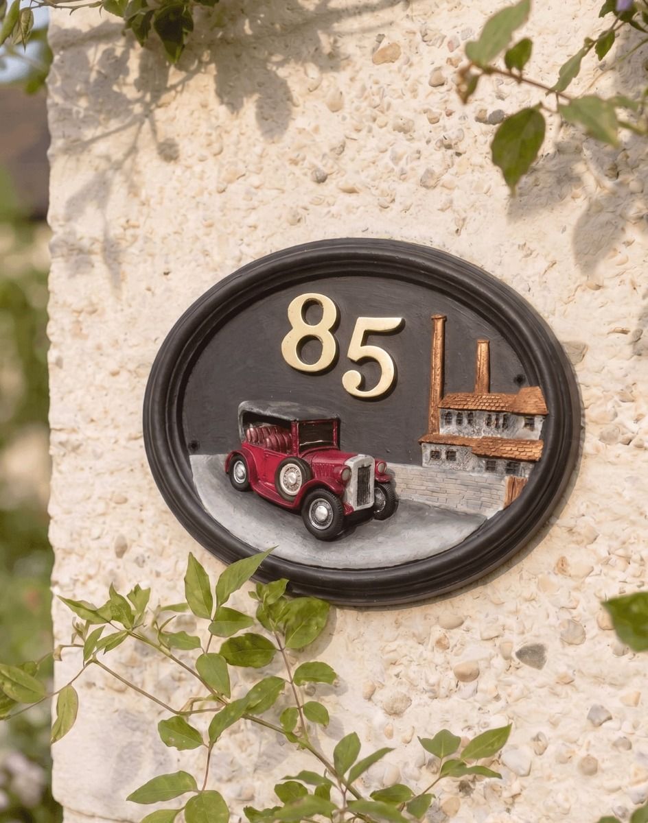 A Number 85 Hand Painted Tin Lizzy Vintage Car House Sign Mounted on a Textured Cottage Garden Wall - Digital Illustration