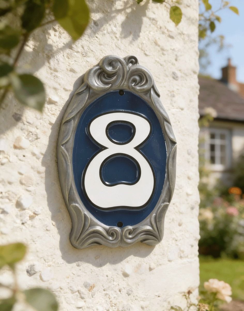 A Number 8 "Royal Navy" Reflective Cameo House Sign Mounted on a Textured White Cottage Wall - Digital Illustration