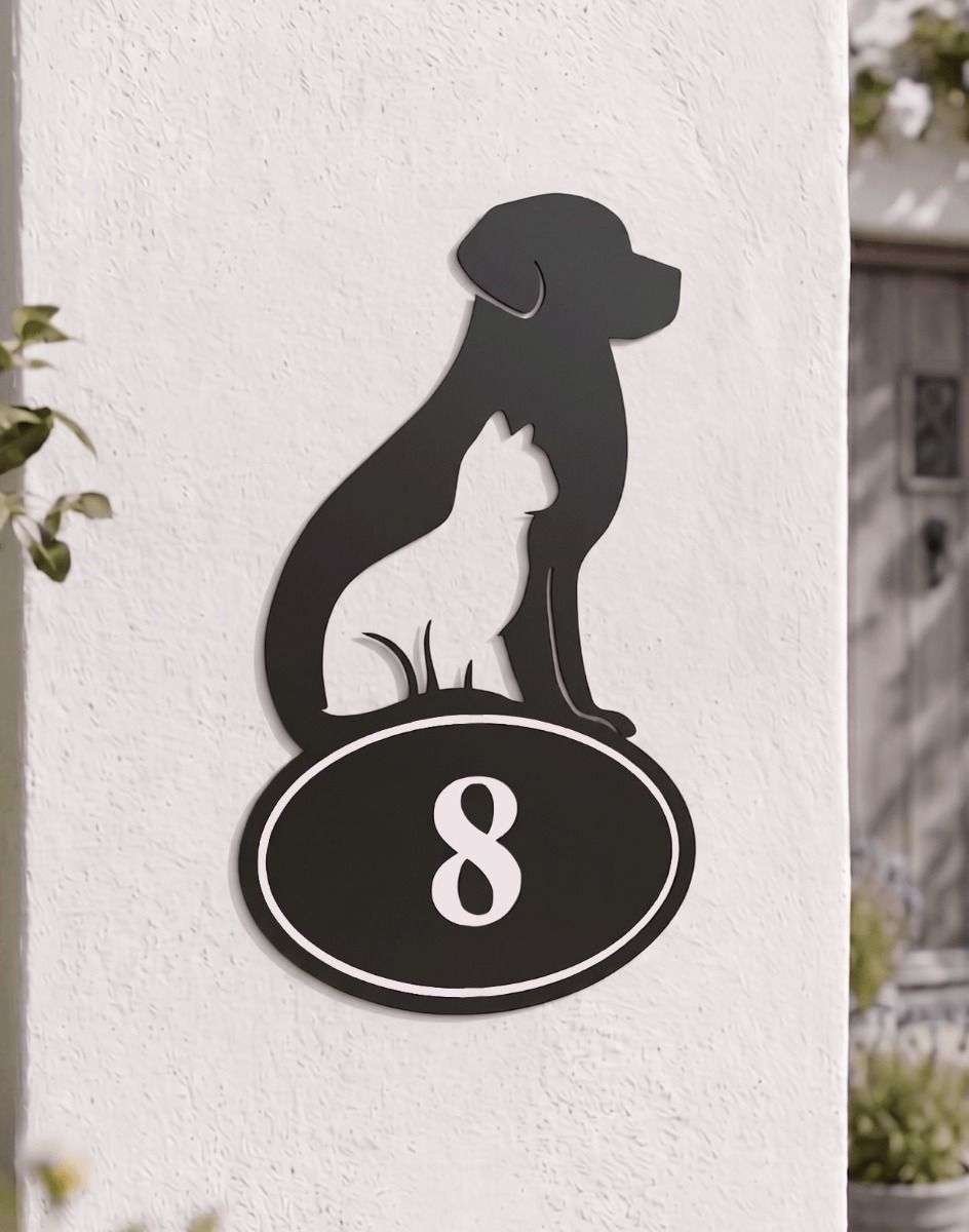 A Number 8 Cat & Dog Iron House Number Sign Mounted on a White Wall Next to a Cottage Entrance - Digital Illustration