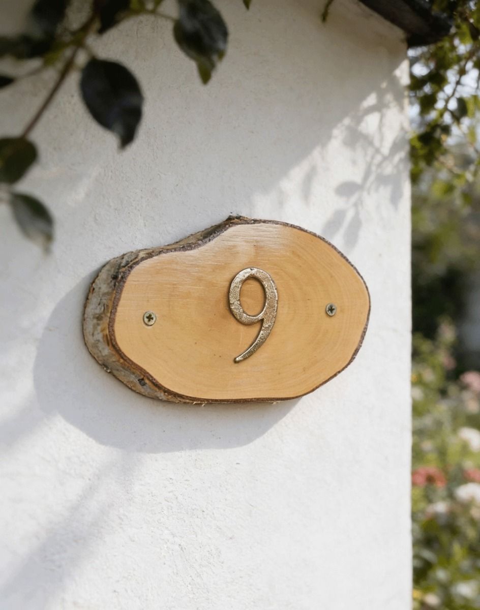 A Number 9 Natural Hard Wood Rustic House Number Sign Mounted on a Sunny White Coloured Cottage Wall - Digital Illustration 