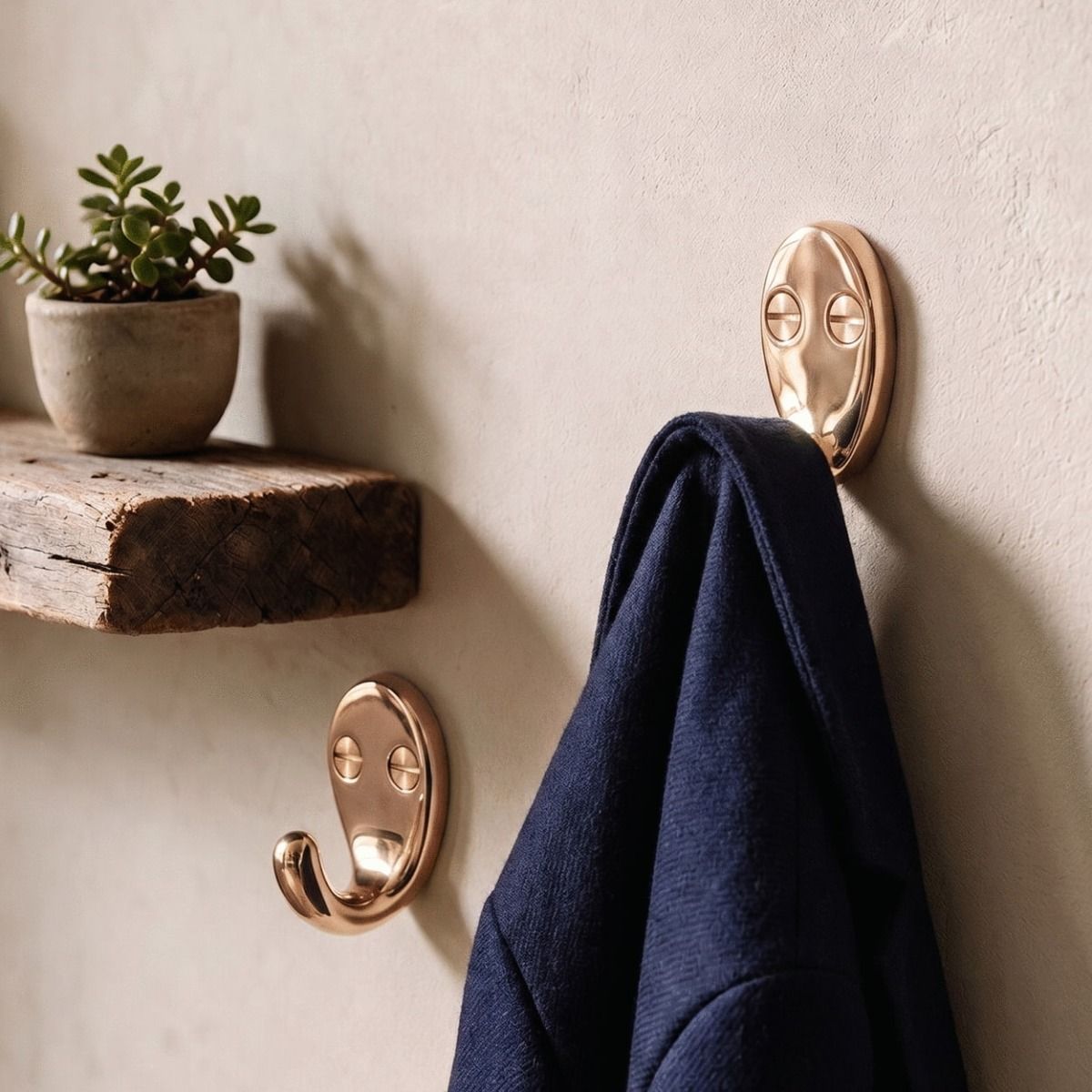 A Pair of Polished Bronze Single Pronged Coat Hooks in a Sunny Corridor in a Modern Home - Digital Illustration 
