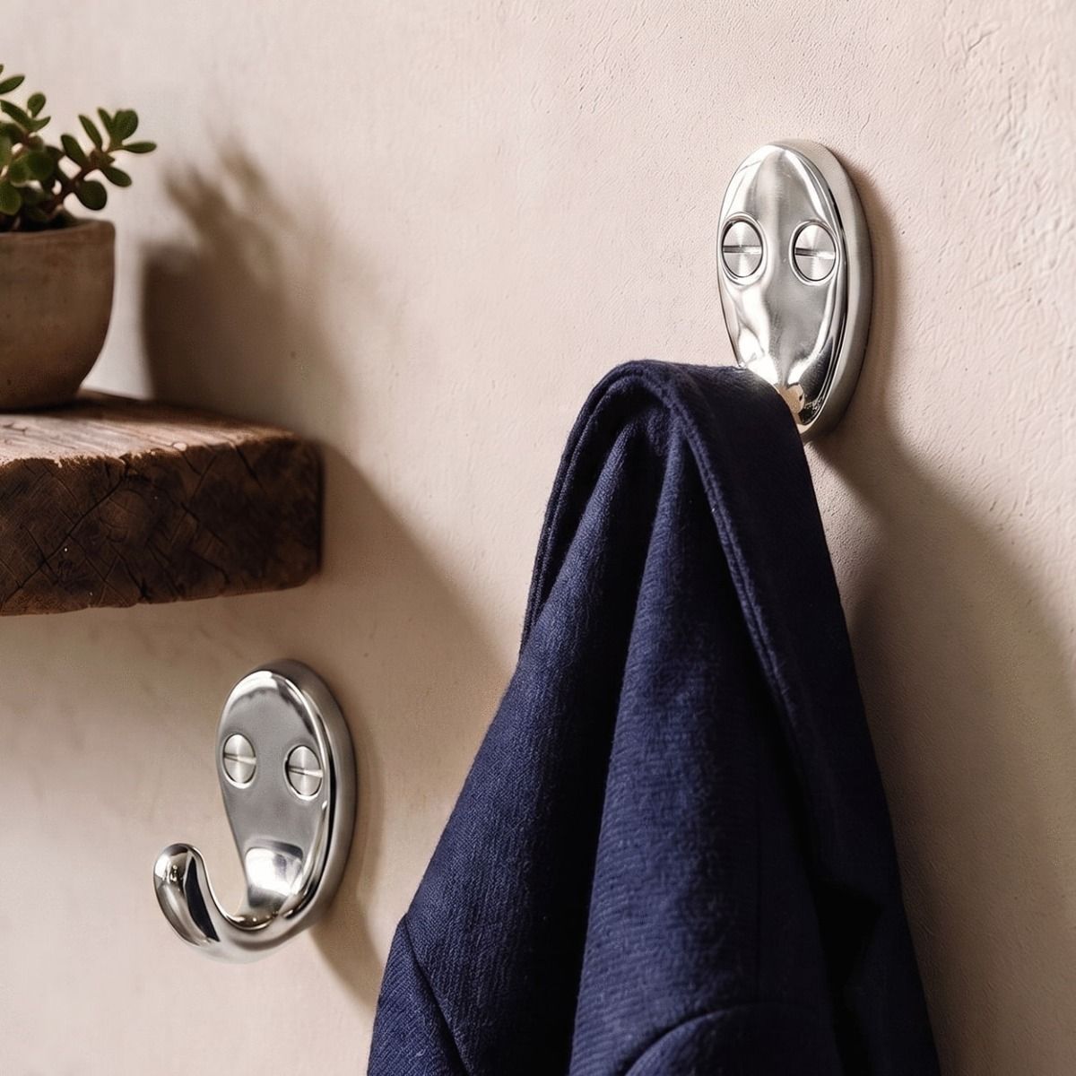 A Pair of The Bright Chrome Single Pronged Coat Hook Mounted on a Wall in the Sunlight - Digital Illustration .jpg in a Bright Entrance Hallway - Digital Illustration 
